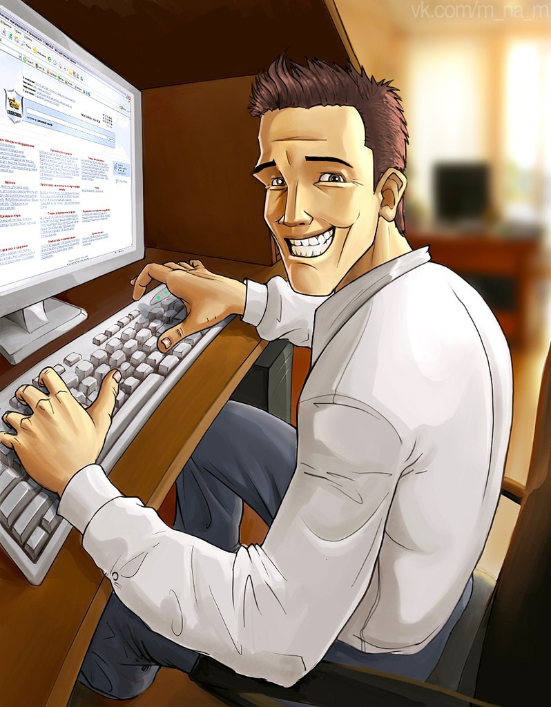 Мужчина за компьютером нарисованный