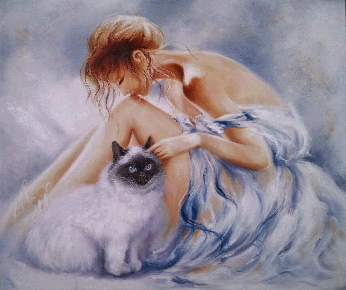 Картина девушка с котом