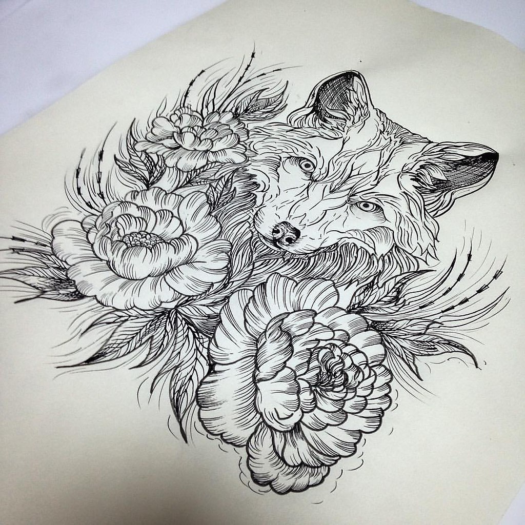 Эскиз тату лисы с цветами