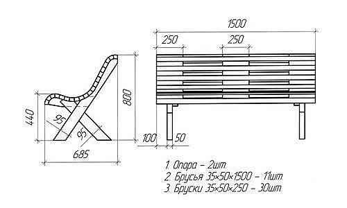 Чертеж скамейки без спинки