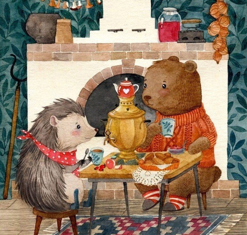 Ежик и Медвежонок пьют чай