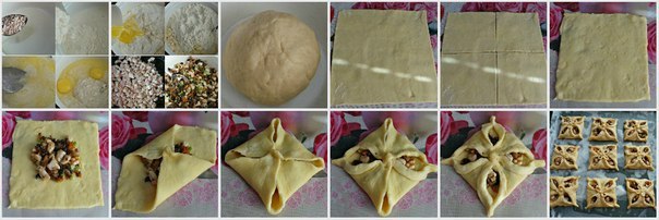 Конвертики из дрожжевого теста с мясом и грибами).Ингредиенты:200 гр. молока1 ст.ложка сухих ...