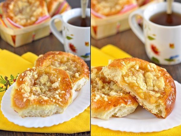 Ватрушки с яблоками и штрейзелем.Ингредиенты:Тесто:Мука - 1 кг.,Дрожжи сухие - 11 гр.,Сахар - 100 ...