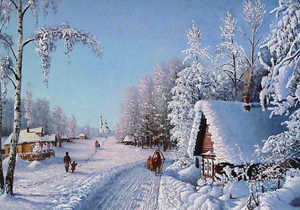 Зима в деревне. Земля укрылась нежным пухом, Снежинки редкие летят. Под шапкой с серебристым мехом, ...