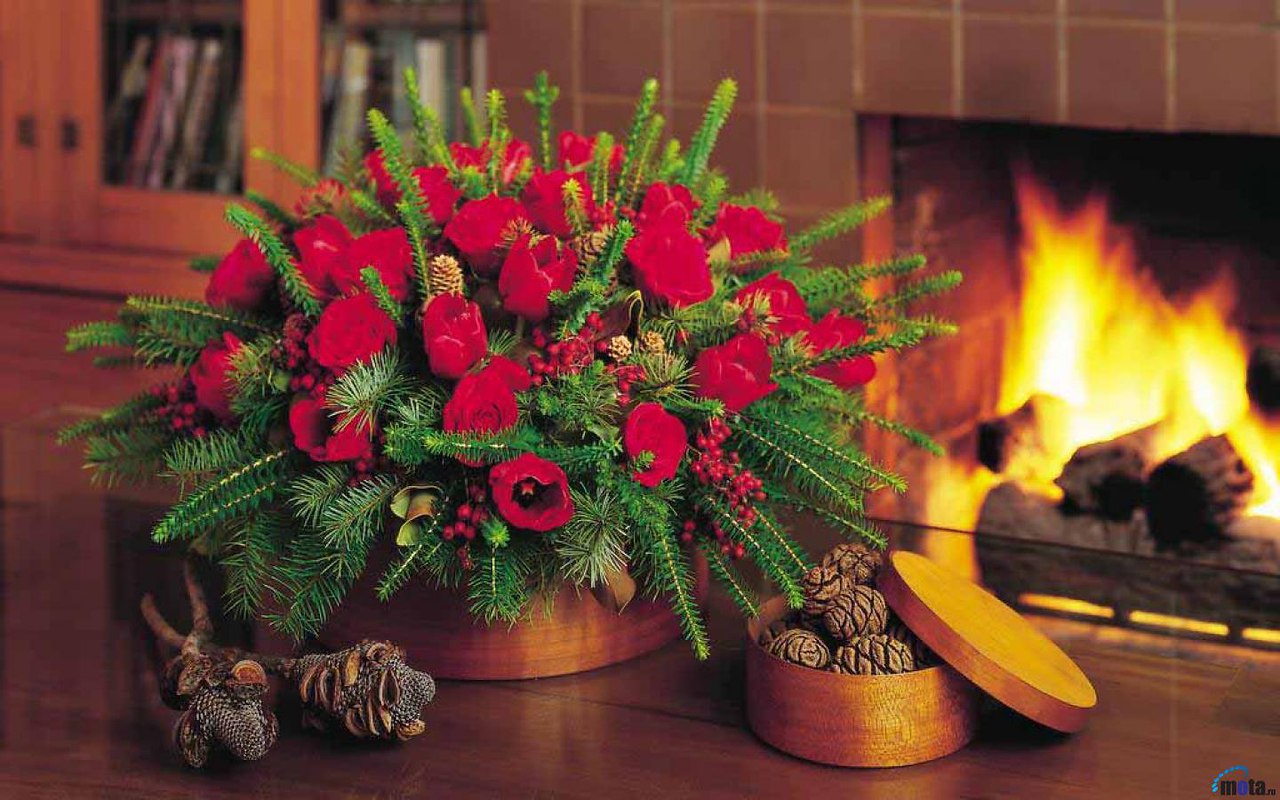 Пусть в доме царит тепло и уют. Новогодние цветы. Новогодний букет. Новогодний камин. Рождественский букет цветов.