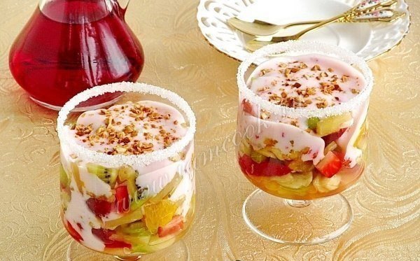 САЛАТ «ФРУКТОВЫЙ РАЙ» .ИНГРЕДИЕНТЫ: Клубника свежая – 100 грамм Бананы – 1 шт Киви – 1 шт Ананасы в ...
