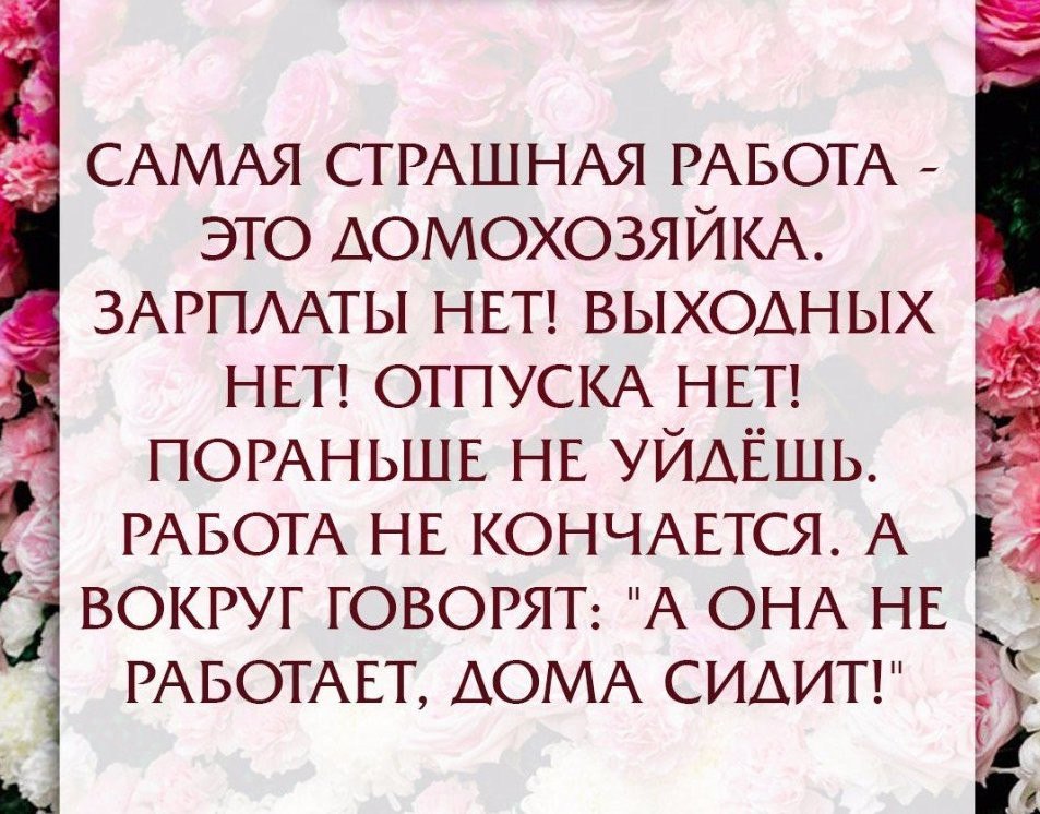 Мысли вслух с юмором. Самая неблагодарная работа это домохозяйка. Самая сложная работа это домохозяйка. Зарплаты нет отпуска нет выходных нет. Страшная работа это домохозяйка.