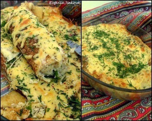 Фаршированные блины, запеченные под сыром. Ингредиенты: для начинки - 3 яица, 150г вареного риса, ...