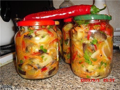 Закусочка с баклажанами и свежими овощами. * 2 кг баклажан * 500 г сладкого перца * 2 шт горького ...