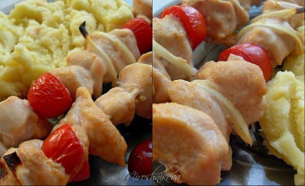 Куриный шашлык в духовке на шпажках.На 4 шампура (на 2 человека):- 1 куриная грудка- небольшая ...