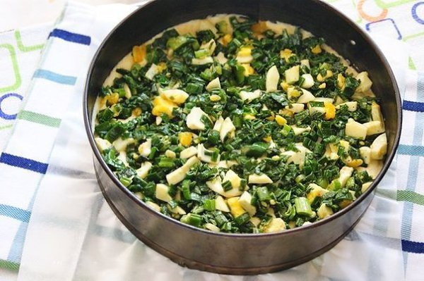 Быстрый заливной пирог с луком и яйцом.Ингредиенты:Кефир (йогурт, сметана) — 400 гМасло сливочное — ... - 7