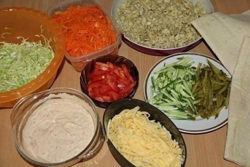 ШАУРМА С КУРИЦЕЙ И КОРЕЙСКОЙ МОРКОВКОЙ.ИНГРЕДИЕНТЫ: лаваш армянский (тонкий) 2 упаковки грудка ... - 2