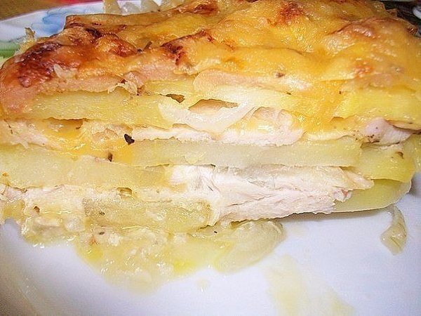 КАРТОФЕЛЬНАЯ ЗАПЕКАНКА С КУРИЦЕЙ И СЫРОМ (ПО-ФРАНЦУЗСКИ).Ингредиенты:- Картофель — 600 г- Лук — 150 ...