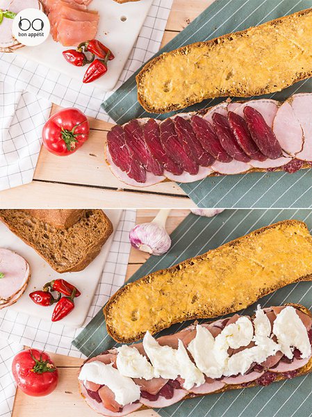 Быстрый сэндвич.Ингредиенты:Салями — 200 гВетчина — 200 гВяленое мясо — опциональноМоцарелла — по ... - 3
