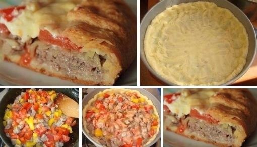 Открытый мясной пирог с картофельным тестом.