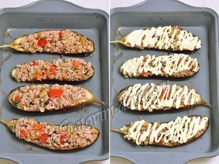 Баклажаны, фаршированные мясом.Составбаклажаны - 2-4 шт,фарш (говядина со свининой) - 400 г,помидор ... - 10