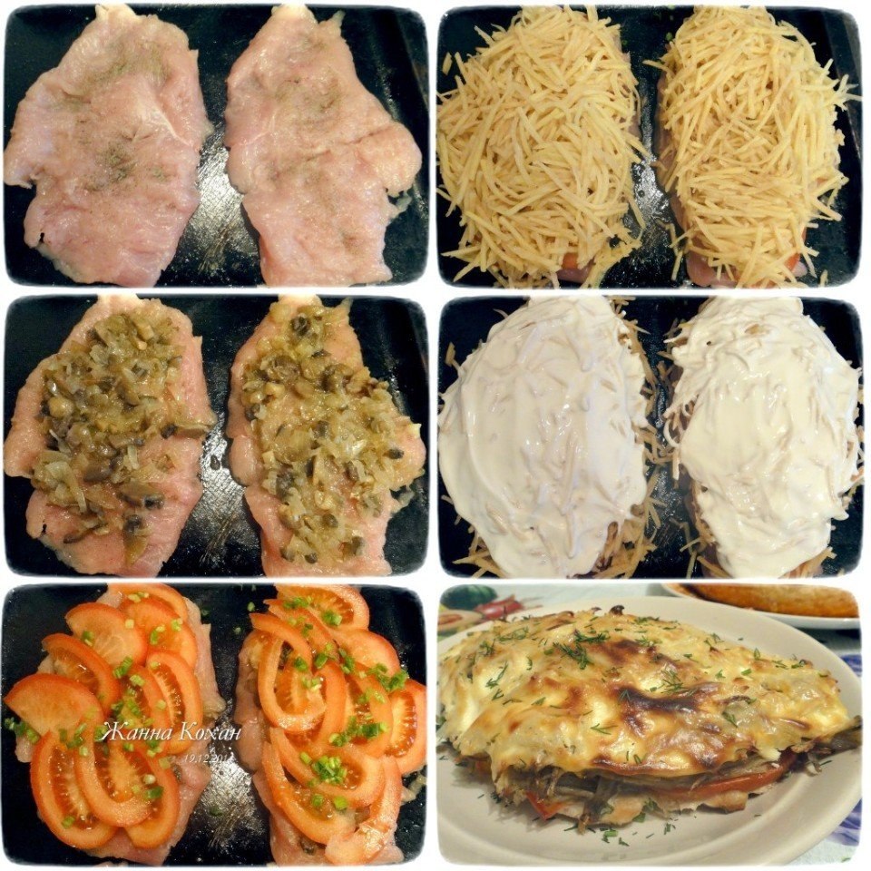 Куриная грудка под шубой.Ингредиенты:Грудка куриная 2 штКартофель 3 штПомидор красный 2 штЛук ...