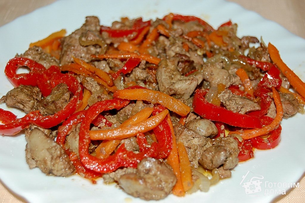 Куриная печень с луком и болгарским перцем.на 100 гр 114,65 ккалИнгредиенты500 г куриной печени300 г ...