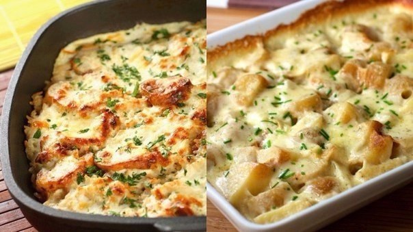 Картофельная запеканка с сыром и курицей.Ингредиенты:Картофель — 600 гЛук — 150 гКуриное филе — 500 ...