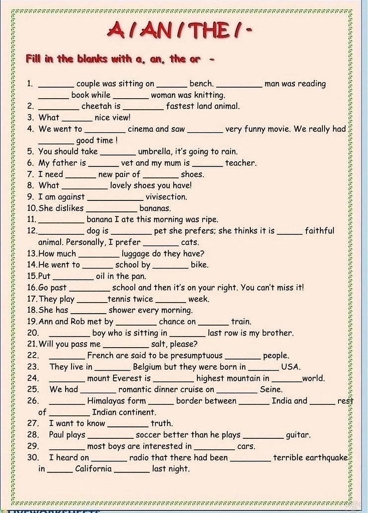 A/an/the articles worksheets - 8