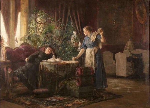 Утро. Барин и барыня только что встали. Проходя из спальни через коридор в столовую пить утренний ...