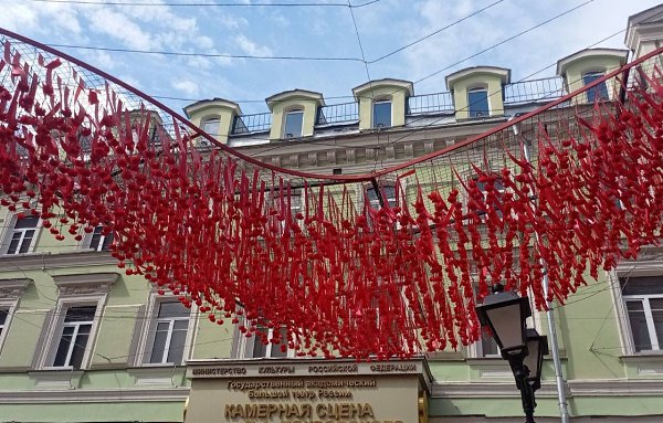 На Никольской улице вместо привычных гирлянд с «звёздным небом» установили красные гвоздики и ленты. ...