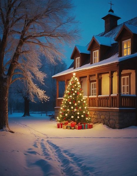 {."prompt": "New Year's tree in the yard of an old country house. Winter. Night. ...