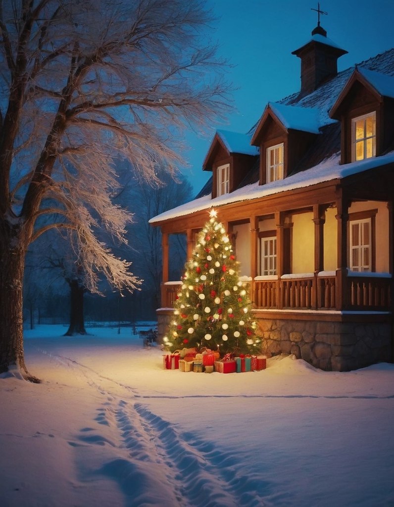 {."prompt": "New Year's tree in the yard of an old country house. Winter. Night. ...