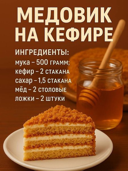 Ингредиенты для коржей: • Мука — 500 г • Кефир — 2 стакана • Сахар — 1,5 стакана • Мёд — 2 столовые ...